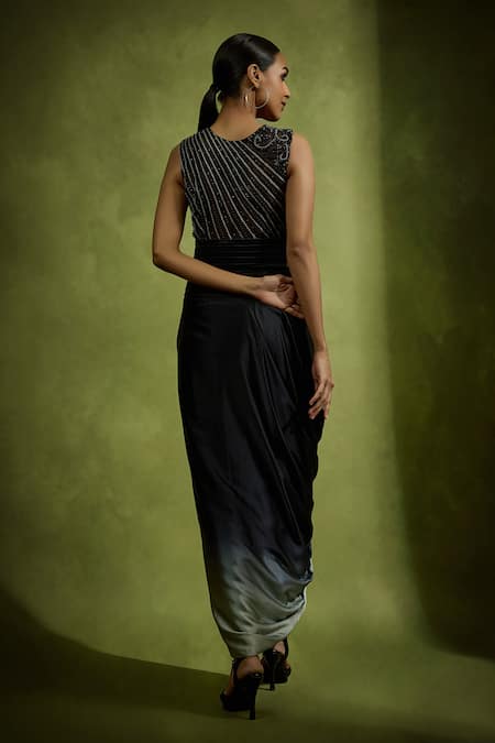 Shop Babita Malkani Black Satin Beads V-neck Designer Dress at Aza Fashions Shop_Babita Malkani_Black Satin Beads V-neck Designer Dress _at_Aza_Fashions