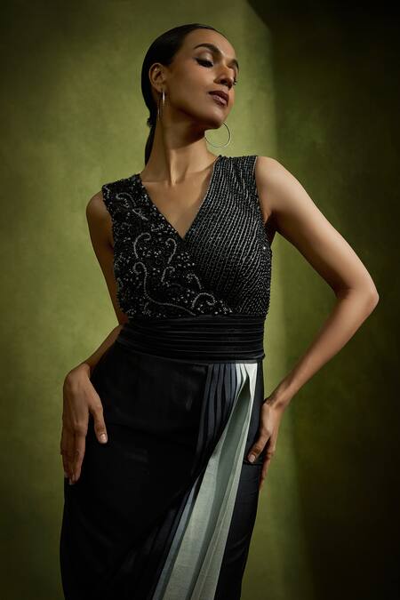 Babita Malkani Black Satin Beads V-neck Designer Dress Online at Aza Fashions Babita Malkani_Black Satin Beads V-neck Designer Dress _Online_at_Aza_Fashions