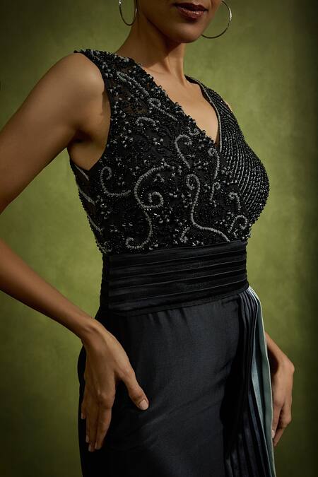 Buy Babita Malkani Black Satin Beads V-neck Designer Dress Online at Aza Fashions Buy_Babita Malkani_Black Satin Beads V-neck Designer Dress _Online_at_Aza_Fashions