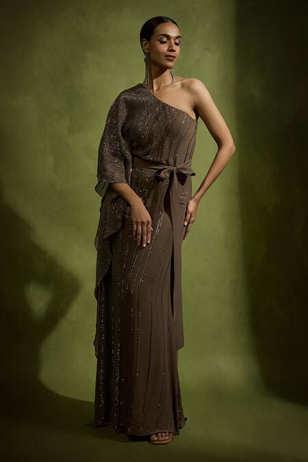 Babita Malkani Brown Crepe, Silk, Tulle Sequins Asymmetric, One Shoulder Designer Kaftan Set Online at Aza Fashions Babita Malkani_Brown Crepe, Silk, Tulle Sequins Asymmetric, One Shoulder Designer Kaftan Set _Online_at_Aza_Fashions