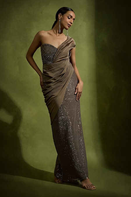 Babita Malkani Designer Brown Sequin Tulle Gown 