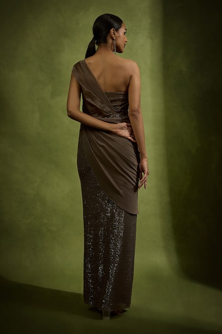 Babita Malkani Designer Brown Sequin Tulle Gown 