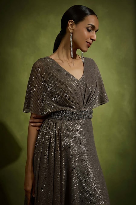 Buy Babita Malkani Brown Tulle Sequins V-neck Designer Gown Online at Aza Fashions Buy_Babita Malkani_Brown Tulle Sequins V-neck Designer Gown _Online_at_Aza_Fashions