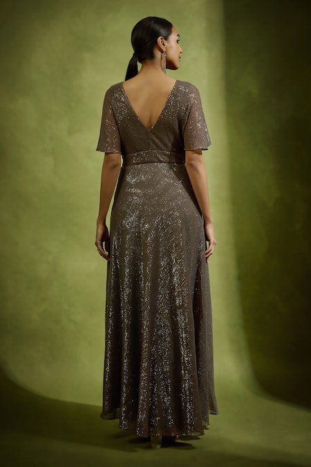 Babita Malkani Brown Sequin Tulle Designer Gown 