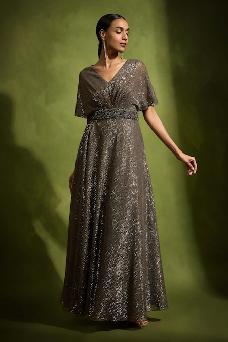 Babita Malkani Brown Sequin Tulle Designer Gown 