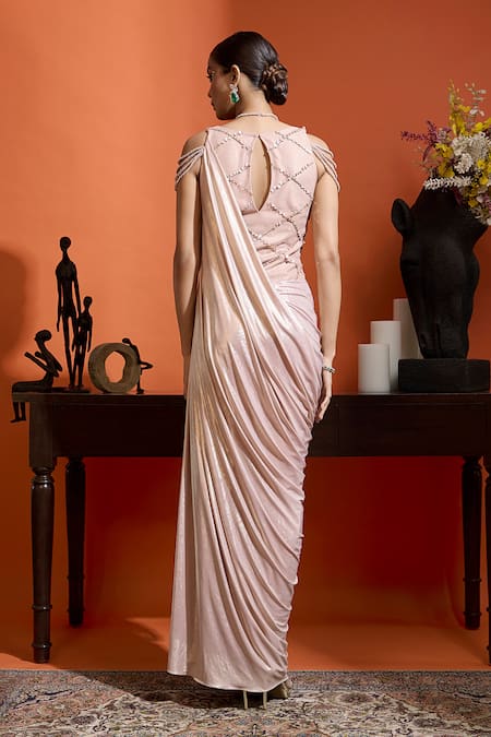 Shop Babita Malkani Pink Lycra Beads V-neck Designer Shimmer Gown at Aza Fashions Shop_Babita Malkani_Pink Lycra Beads V-neck Designer Shimmer Gown _at_Aza_Fashions
