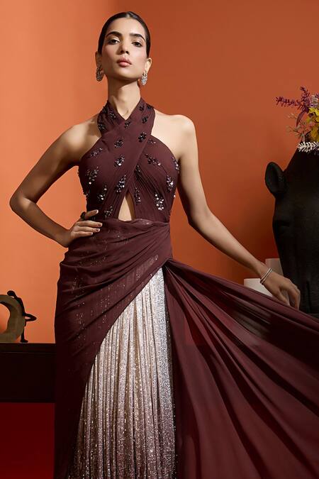 Babita Malkani Brown Georgette Sequins Halter Neck Ombre Gown Online at Aza Fashions Babita Malkani_Brown Georgette Sequins Halter Neck Ombre Gown _Online_at_Aza_Fashions