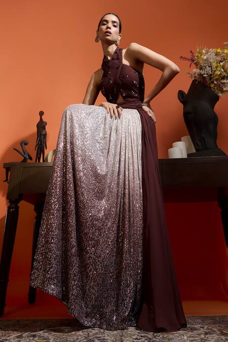 Buy Babita Malkani Brown Georgette Sequins Halter Neck Ombre Gown Online at Aza Fashions Buy_Babita Malkani_Brown Georgette Sequins Halter Neck Ombre Gown _Online_at_Aza_Fashions