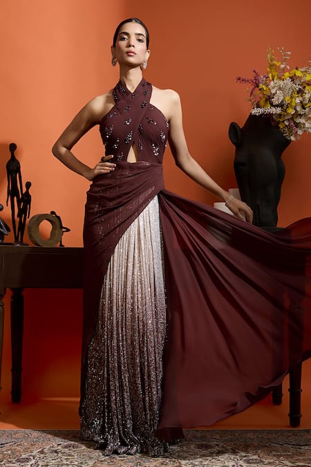 Babita Malkani Brown Ombre Sequin Georgette Gown 