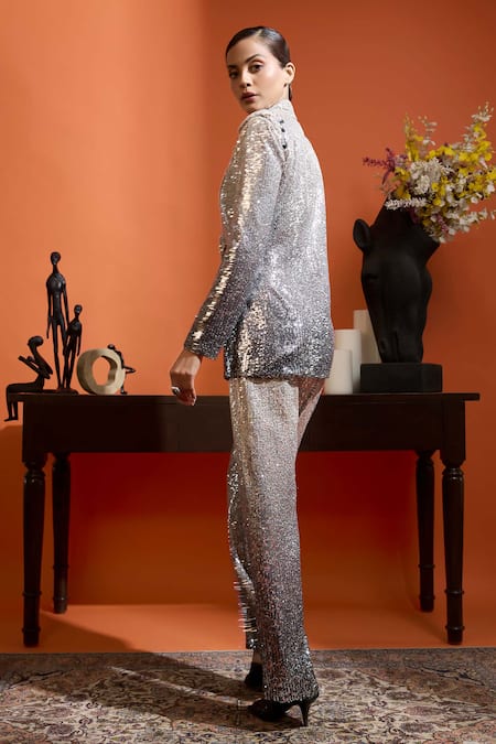 Babita Malkani Black Ombre Sequin Blazer & Pant Set 