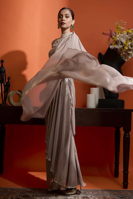 Babita Malkani_Beige Georgette Embroidery, Sequins, Beads Round Champagne Shimmer Saree Set _Online_at_Aza_Fashions