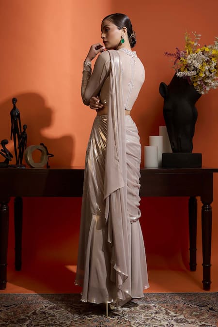 Babita Malkani Champagne Shimmer Georgette Saree Set 