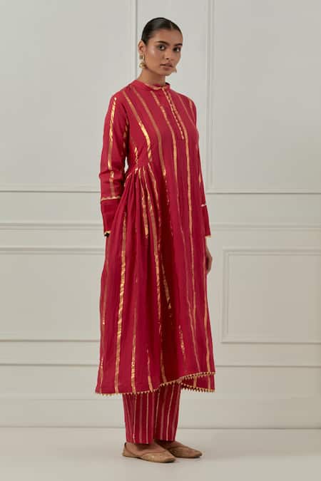 Musal_Fuchsia Cotton, Chanderi, Lurex Zari Mandarin Collar Yashoda Devi Kurta Set _Online_at_Aza_Fashions