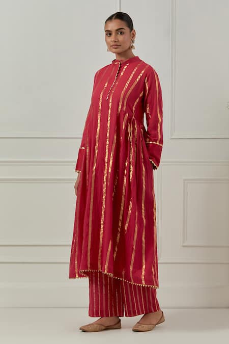 Shop_Musal_Fuchsia Cotton, Chanderi, Lurex Zari Mandarin Collar Yashoda Devi Kurta Set _Online_at_Aza_Fashions
