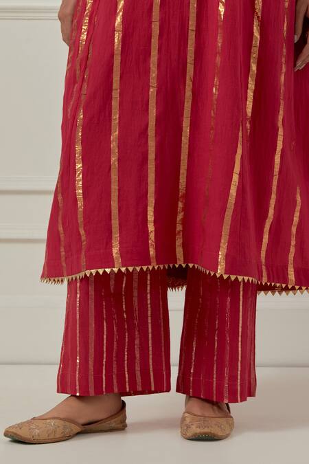 Musal_Fuchsia Cotton, Chanderi, Lurex Zari Mandarin Collar Yashoda Devi Kurta Set _at_Aza_Fashions