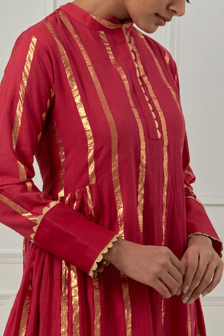Buy_Musal_Fuchsia Cotton, Chanderi, Lurex Zari Mandarin Collar Yashoda Devi Kurta Set 