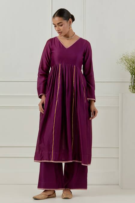 Musal_Purple Chanderi, Cotton, Lurex V-neck Hansa Bai Kurta Set _Online_at_Aza_Fashions