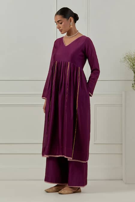 Buy_Musal_Purple Chanderi, Cotton, Lurex V-neck Hansa Bai Kurta Set _Online_at_Aza_Fashions