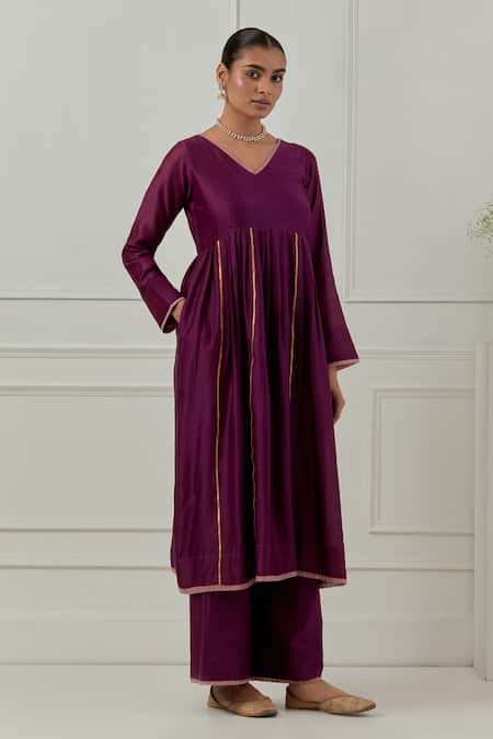 Shop_Musal_Purple Chanderi, Cotton, Lurex V-neck Hansa Bai Kurta Set _Online_at_Aza_Fashions