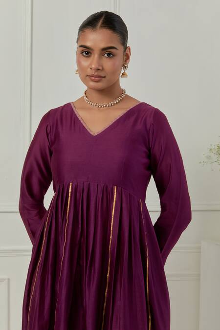 Musal_Purple Chanderi, Cotton, Lurex V-neck Hansa Bai Kurta Set _at_Aza_Fashions