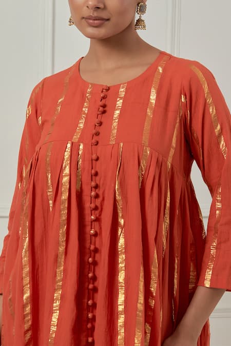 Musal_Orange Cotton, Lurex Zari Round Neck Naiki Devi Kurta Set _Online_at_Aza_Fashions