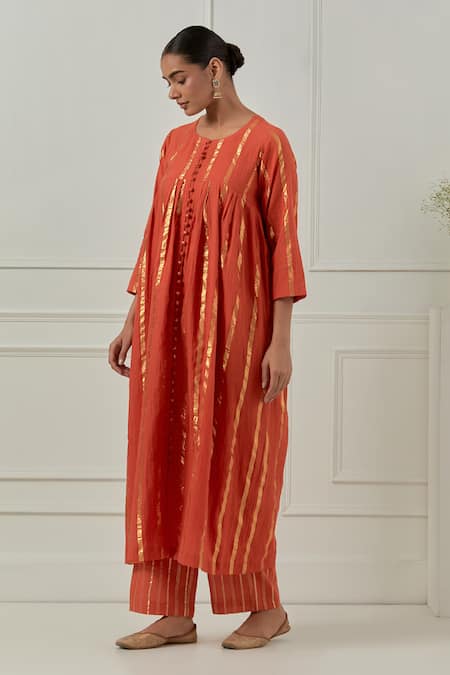 Buy_Musal_Orange Cotton, Lurex Zari Round Neck Naiki Devi Kurta Set _Online_at_Aza_Fashions