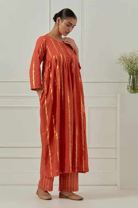 Shop_Musal_Orange Cotton, Lurex Zari Round Neck Naiki Devi Kurta Set _Online_at_Aza_Fashions