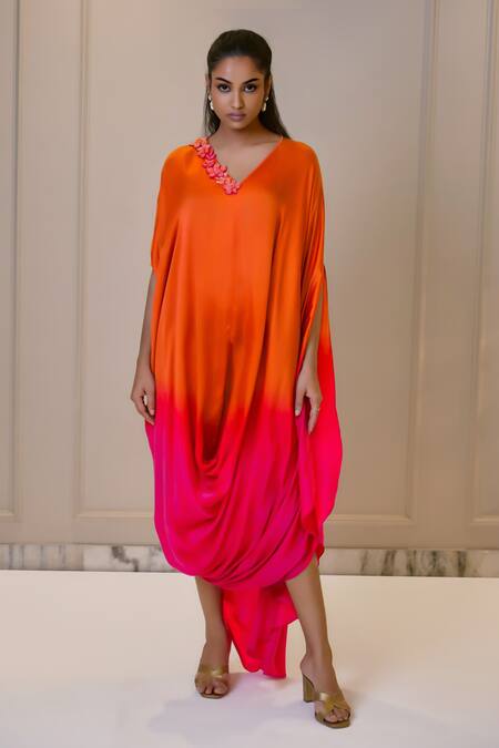Omana By Ranjana Bothra_Orange Silk Satin Fabric Flowers V-neck Ombre Kaftan _Online_at_Aza_Fashions