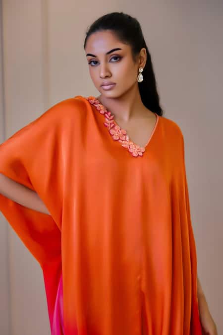 Buy_Omana By Ranjana Bothra_Orange Silk Satin Fabric Flowers V-neck Ombre Kaftan _Online_at_Aza_Fashions