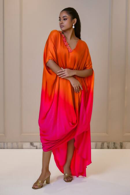Shop_Omana By Ranjana Bothra_Orange Silk Satin Fabric Flowers V-neck Ombre Kaftan _Online_at_Aza_Fashions