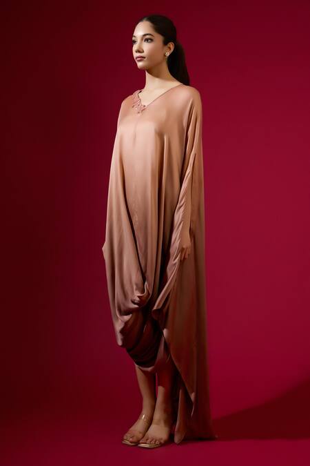 Omana By Ranjana Bothra_Brown Silk Satin Embroidery Round Neck Designer Kaftan _Online_at_Aza_Fashions