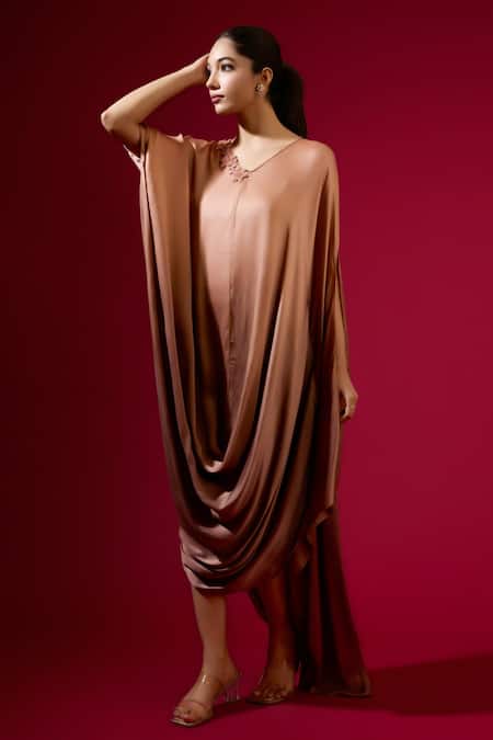Omana By Ranjana Bothra Brown Silk Satin Embroidery Round Neck Designer Kaftan 