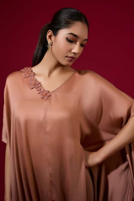 Buy_Omana By Ranjana Bothra_Brown Silk Satin Embroidery Round Neck Designer Kaftan _Online_at_Aza_Fashions