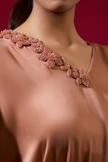 Shop_Omana By Ranjana Bothra_Brown Silk Satin Embroidery Round Neck Designer Kaftan _Online_at_Aza_Fashions