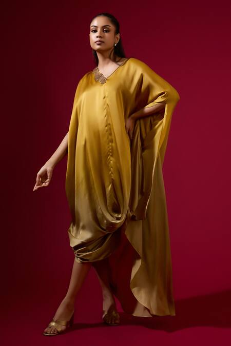 Buy_Omana By Ranjana Bothra_Gold Silk Satin V-neck Kaftan _Online_at_Aza_Fashions