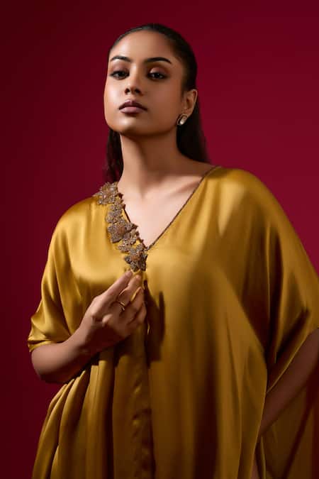 Shop_Omana By Ranjana Bothra_Gold Silk Satin V-neck Kaftan _Online_at_Aza_Fashions