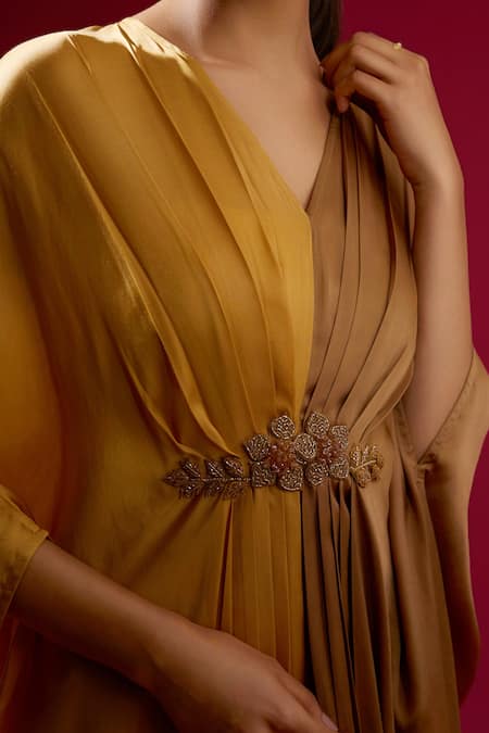 Omana By Ranjana Bothra_Gold Modal, Satin Embroidery V-neck Brown Kaftan _Online_at_Aza_Fashions