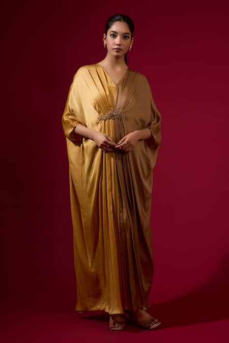 Buy_Omana By Ranjana Bothra_Gold Modal, Satin Embroidery V-neck Brown Kaftan _Online_at_Aza_Fashions
