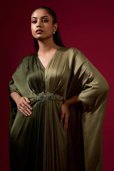 Omana By Ranjana Bothra_Green Modal, Satin V-neck Designer Kaftan _Online_at_Aza_Fashions