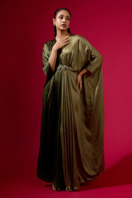 Buy_Omana By Ranjana Bothra_Green Modal, Satin V-neck Designer Kaftan _Online_at_Aza_Fashions