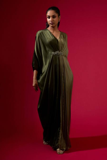 Shop_Omana By Ranjana Bothra_Green Modal, Satin V-neck Designer Kaftan _Online_at_Aza_Fashions