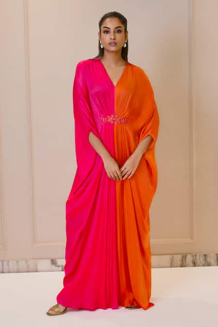 Omana By Ranjana Bothra_Pink Modal, Satin Embroidery V-neck Designer And Orange Kaftan _Online_at_Aza_Fashions