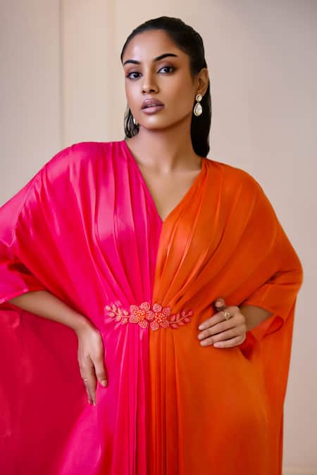 Buy_Omana By Ranjana Bothra_Pink Modal, Satin Embroidery V-neck Designer And Orange Kaftan _Online_at_Aza_Fashions