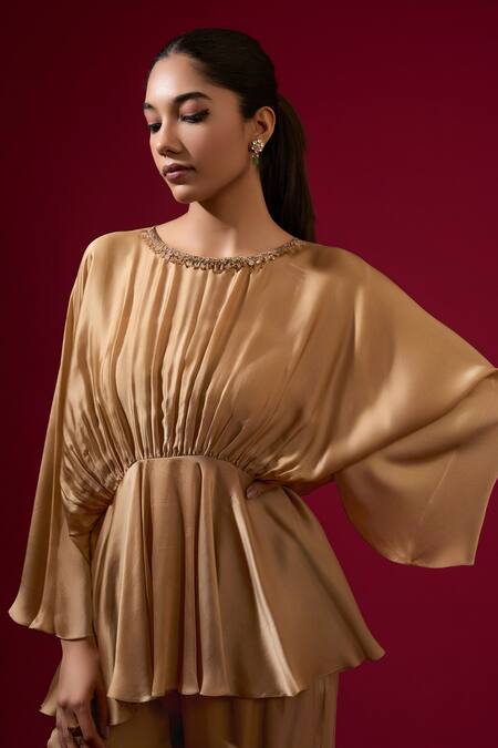 Omana By Ranjana Bothra_Gold Silk , Beads Round Neck Camel Designer Top And Pant Set _Online_at_Aza_Fashions
