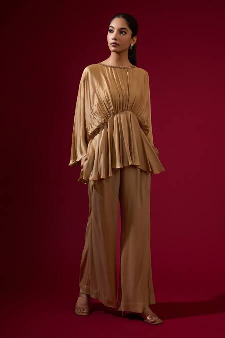 Shop_Omana By Ranjana Bothra_Gold Silk , Beads Round Neck Camel Designer Top And Pant Set _Online_at_Aza_Fashions