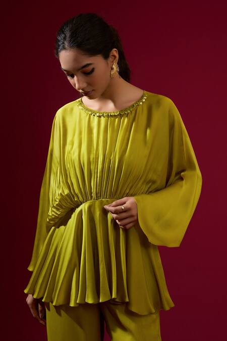 Omana By Ranjana Bothra_Green Silk , Round Neck Lime Top And Pant Set _Online_at_Aza_Fashions