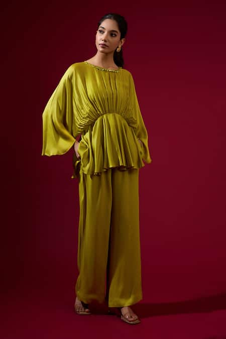 Omana By Ranjana Bothra Green Silk , Round Neck Lime Top And Pant Set