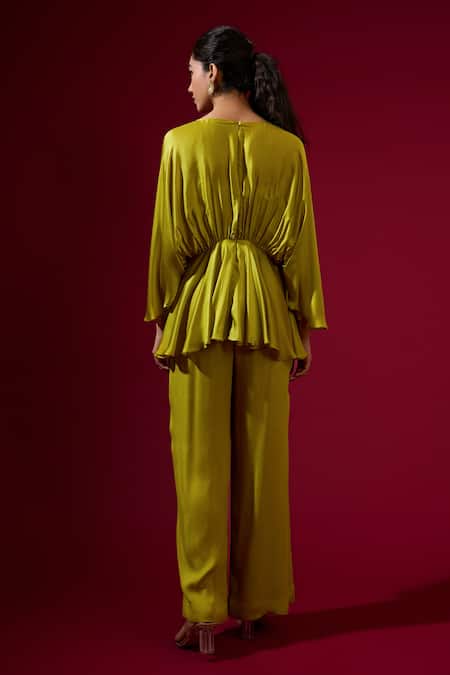 Omana By Ranjana Bothra Lime Green Silk Satin Top & Pant Set 