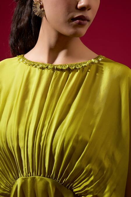 Buy_Omana By Ranjana Bothra_Green Silk , Round Neck Lime Top And Pant Set _Online_at_Aza_Fashions