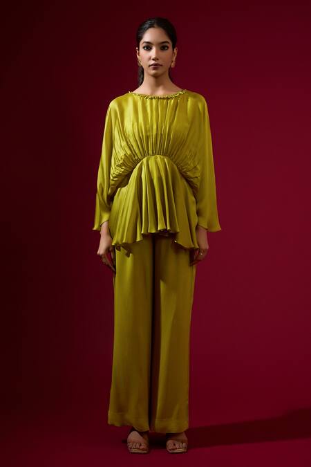 Shop_Omana By Ranjana Bothra_Green Silk , Round Neck Lime Top And Pant Set _Online_at_Aza_Fashions